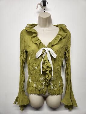 NWT. Vintage Y2K Kaelyn-Max Green Floral Embroidered Long Sleeve Blouse, Size Sm